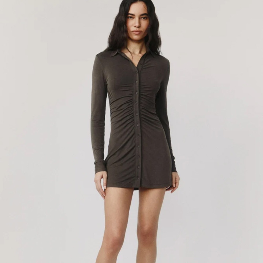 Brown Button-Down Ruched Mini Dress